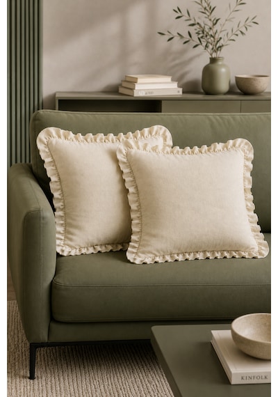2'li Fırfırlı Düz Krem Dekoratif Kırlent Kılıfı %100 Pamuk Fermuarlı 45x45 Cm Çok Renkli