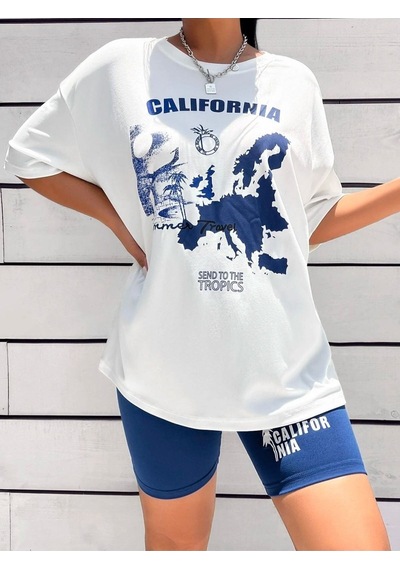 Flood Of Style Kadın Beyaz Mavi Calıfornıa Baskılı Bisiklet Yaka Tshirt
