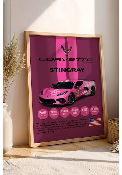Corvette Stingray Araba Tablosu - Teknik Özellikli Otomobil Poster - Çerçeveli Duvar Dekoru Kayın