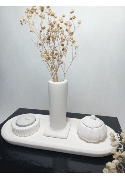 Tabaklı Sütun Vazolu, Minimal Mumluk Ve Balkabağı 4 Parça Set Beyaz Beyaz