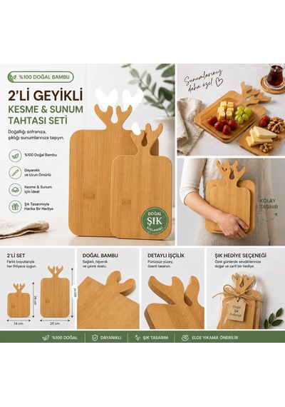 2 Adet Geyikli Bambu Kesme Tahtası