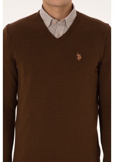 U.S. Polo Assn. Erkek Slim Fit V Yaka Kahverengi Basic Triko Kazak 50313662-VR029