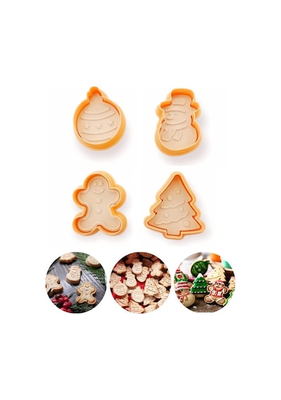 Yılbaşı Şekilli Adam Çam Ağacı Basmalı Kurabiye Kalıbı Gingerbread Man Desenli Şeker Hamuru Kesici Aparat Konsept 1, Krem-turuncu Ahşap -  Beyaz