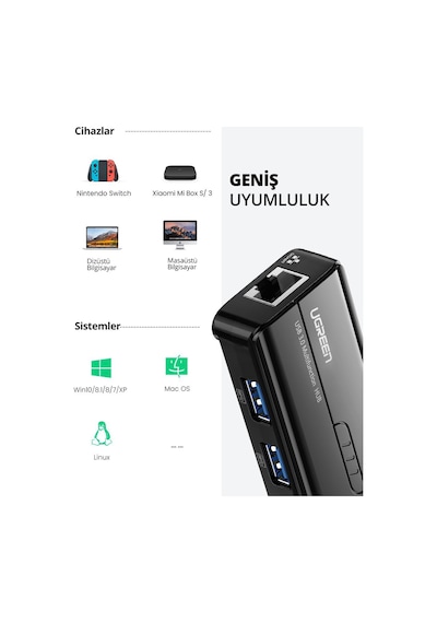 Ugreen Usb 3.0 Gigabit Ethernet Rj45 Dönüştürücü 3 Port Hub Usb Çoklayıcı, 20265
