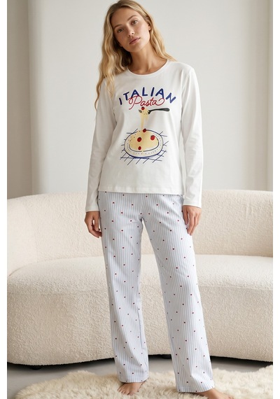 Siyah İnci Pamuklu Likralı Örme Pijama Takım26241169 Beyaz