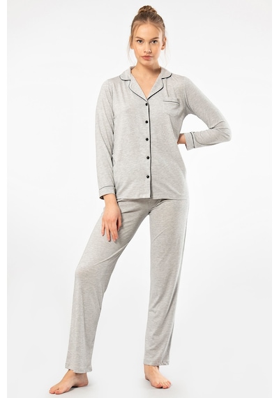 Türen 3365 Kadın Uzun Kollu Gömlek Yaka Pijama Takım-gri Gri