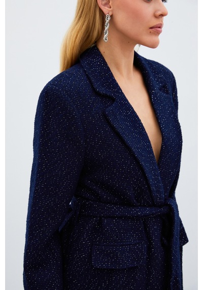 Sateen Kuşaklı Tüvit Ceket - Lacivert-135019 Lacivert