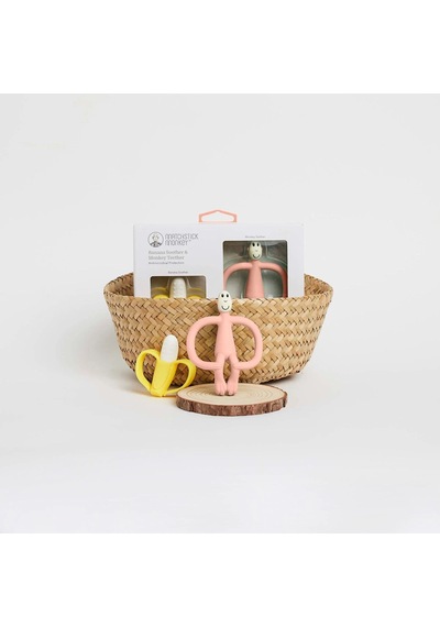 Matchstick Monkey Banana & Monkey Silikon Diş Kaşıyıcı Hediye Seti - Pembe Çok Renkli