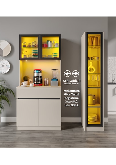 Lora Kum Beji Midi Sağ Vitrinli Komple Mdf Led Aydınlatmalı Kahve Köşesi Lora Kum Beji Midi Sağ Vitrinli Komple Mdf Led Aydınlatmalı Kahve Köşesi