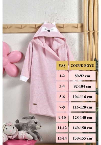 %100 Pamuk Bebek Çocuk Bornozu Kapüşonlu Nakışlı Hayvan Figürlü Bornoz Pembe