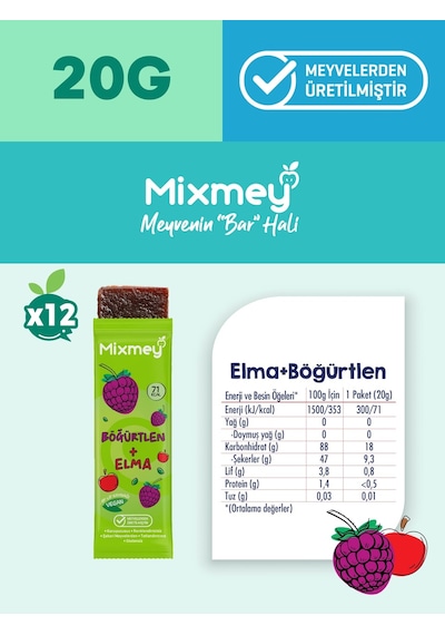 Mixmey Böğürtlen Meyve Barı 12 Adet | Atıştırmalıklar – Vegan, Glutensiz, Koruyucusuz 20g X 12adet