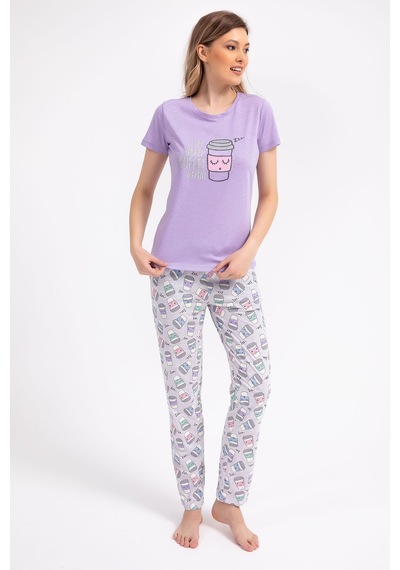 Arnetta Eat Sleep Coffee Repeat Lila Kadın Pijama Takımı 5274-28927 Lila