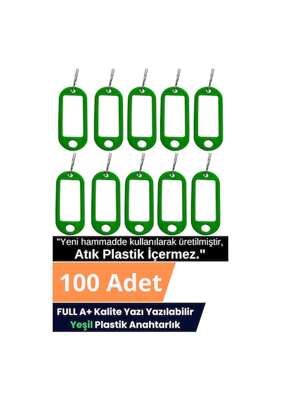 Plastik Anahtarlık Etiket Kimlik Isimlik Yazı Yazmalık Emlakçı Anahtarlığı Yeşil Renkli 100 Adet