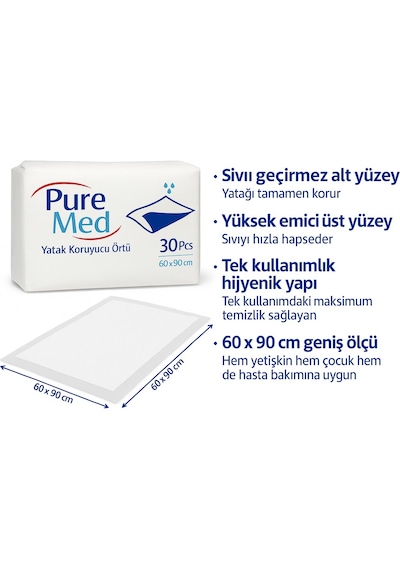 Puremed Yatak Koruyucu Örtü 60x90 Cm Tek Kullanımlık Sıvı Geçirmez Hasta Altı Örtüsü