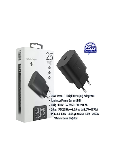 Samsung Galaxy M07 Uyumlu 25w Type-c Girişli Super Hızlı Şarj Cihazı Adaptör - Garantili Siyah