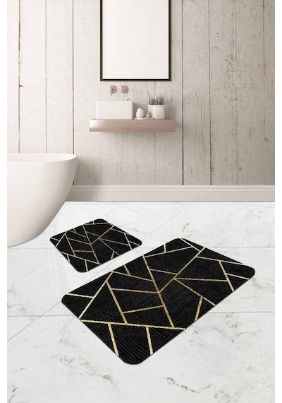 Siyah Geometrik Desen Banyo Halısı Klozet Paspas Seti Bs336n11