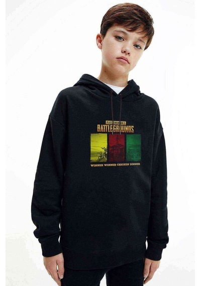 Tshirthane Pubg Winner Chicken Dinner Baskılı Unisex Çocuk Kapüşonlu Sweat Siyah