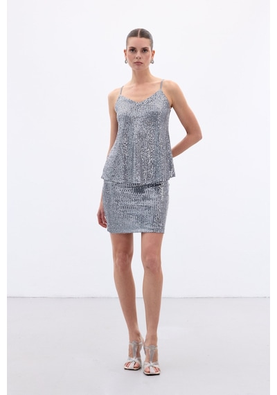 Sateen Payet Detaylı Askılı Bluz - Gri-136645 Gri Sateen Payet Detaylı Askılı Bluz - Gri-136645 Gri