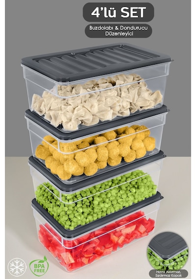 4'lü Derin Buzdolabı Organizer Set Düzenleyici Saklama Kabı Mikrodalga Difriz Kabı 2500 ML Antrasit