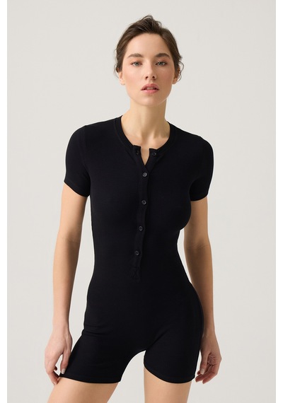 Los Ojos Siyah Fitilli Kısa Kollu Kısa Tulum Short Romper Siyah Siyah