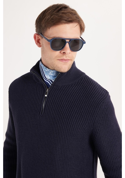 Tudors Erkek Slim Fit Dar Kesim Fermuarlı Lacivert Dik Yaka Triko Kazak-34922 Lacivert