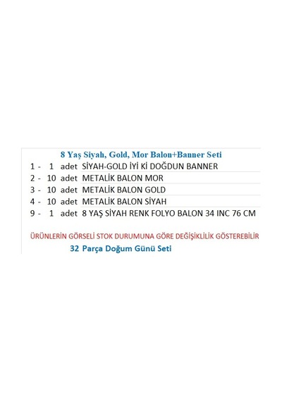 8 Yaş Siyah, Gold, Mor Balon+banner Seti