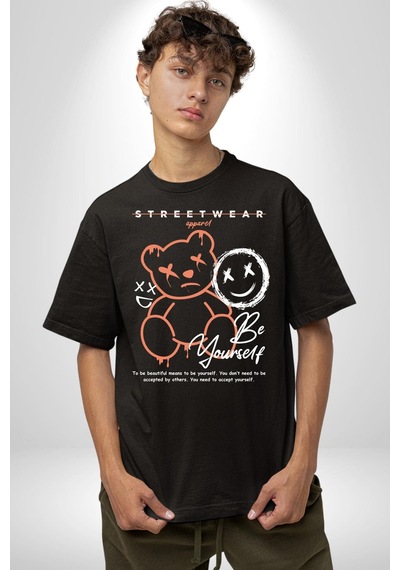 Yükseliş İçin Kendin Ol Pamuklu Bisiklet Yaka Unisex Oversize Boyfriend Dijital Baskılı Siyah T-shirt Siyah