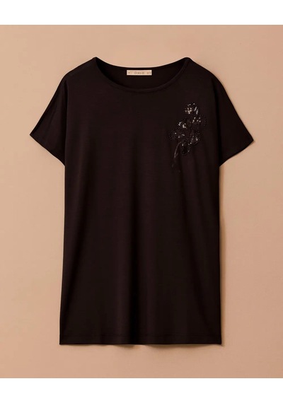 Büyük Beden Kısa Kollu İşlemeli Bisiklet Yaka T-shirt Gala-xi Siyah