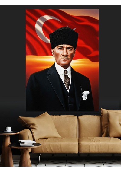 Atatürk Portresi Bayrak Kırmızı Dekoratif Kanvas - Mdf Ahşap Tablo