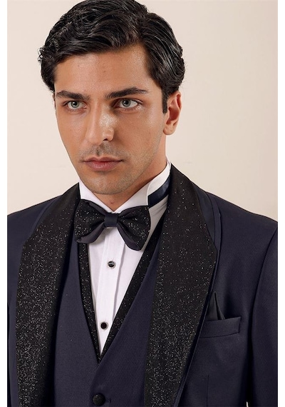 İmza Koyu Lacivert Desenli Çıkarılabilir Şal Yaka Yelekli 6 Drop Slim Fit Smokin Damatlık Takım 1001230203-Lacivert