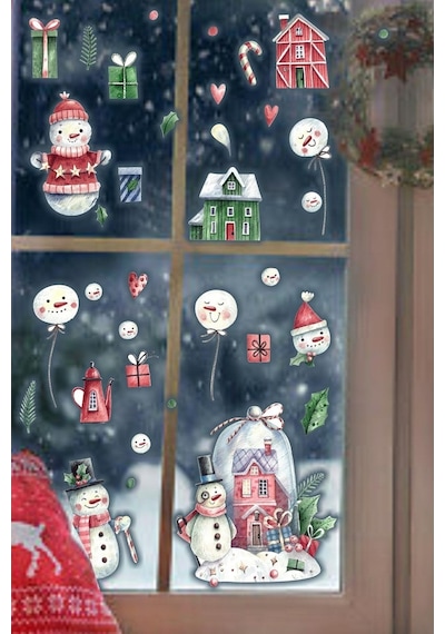 MSticker Yılbaşı Kardan Adam Ve Evleri Çocuk Odası Cam Duvar  Sticker Seti