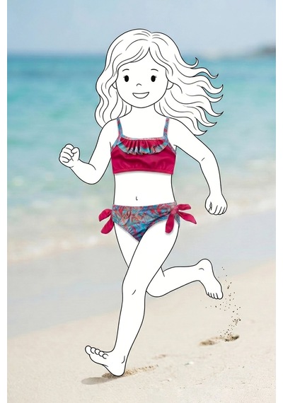 Zuzunga Kız Çocuk Renkli Tropik Desen Bikini Takımı Fuşya-mavi