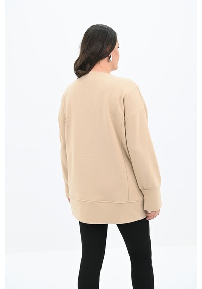 Kadın Büyük Beden Oversize Yırtmaç Detaylı Sweatshirt 1865-25 Bej