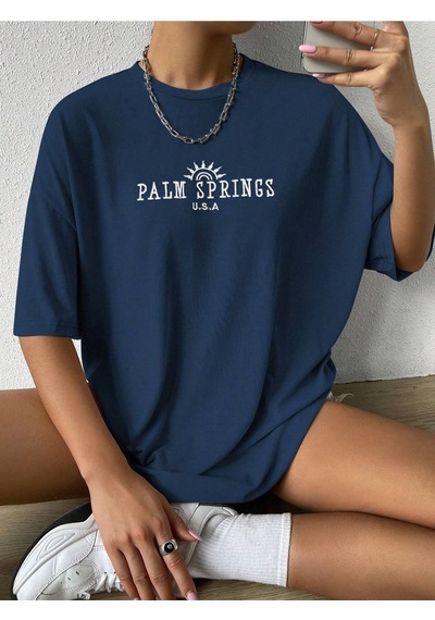 Flood Of Style Kadın Lacivert Palm Sprıngs Baskılı Oversize