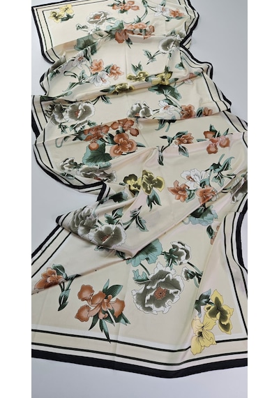 Miorel Scarfs Yeni Sezon Çiçek Desen Vual İpek Şal Fular Silk Scarfs Shawl Hijab Krem