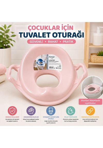 Ergonomik Kulplu Çocuk Klozet Adaptörü Kaymaz Ve Konforlu Tuvalet Oturağı Pembe