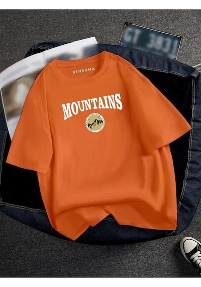Oversıze Mountaıns Baskılı Unısex Tisort Baskılı Turuncu