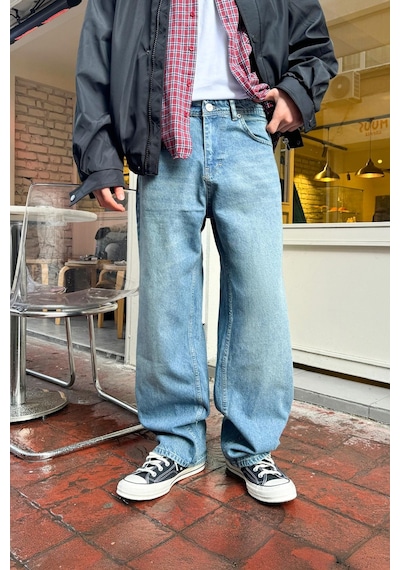 Soldurma Detaylı Baggy Jean Mavi Mavi