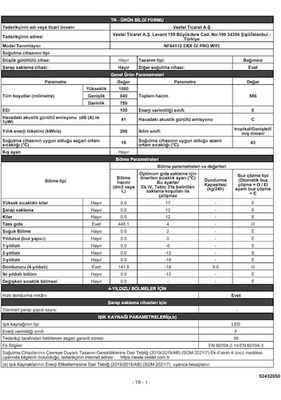 Vestel NF64112 EKX GI PRO WIFI 586 LT No-Frost Çift Kapılı Buzdolabı