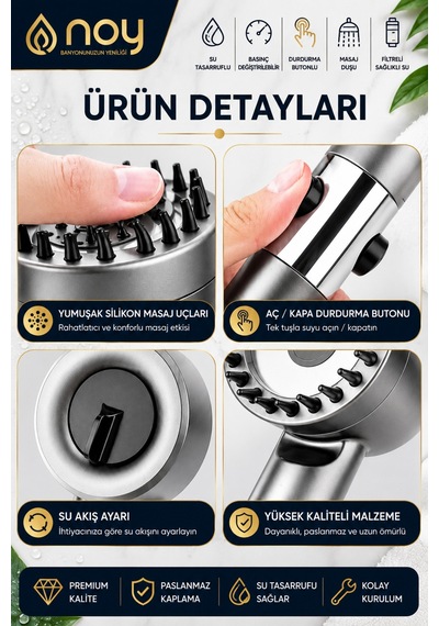 Filtreli Duş Başlığı Yedek Filtre Hediyeli 3 Adet Klor Ve Kireç Önleyici, Yüksek Basınçlı Gri