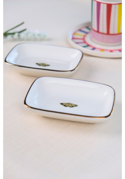 Tabak Evi Kelebek Altın Yaldızlı Dikdörtgen Kayık Tabak 10x7x2cm 2 Li Çok Renkli