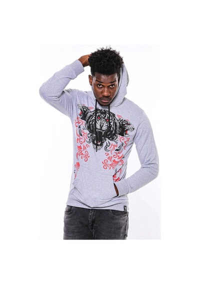 Wessi Gri Taşlı Baskılı Kapşonşlu Sweatshirt Gri
