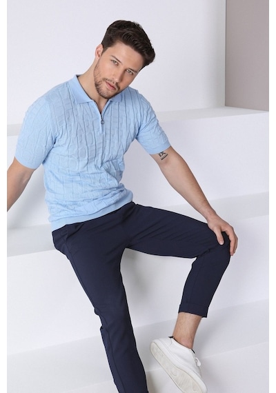 Ferraro Mavi Polo Yaka Fermuarlı Erkek Pamuk Triko T-Shirt-Mavi (417942609) Mavi