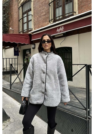 Myloore Gri Kadın Peluş Düğmeli Oversize Ceket Yumuşak Dokulu Mlb134