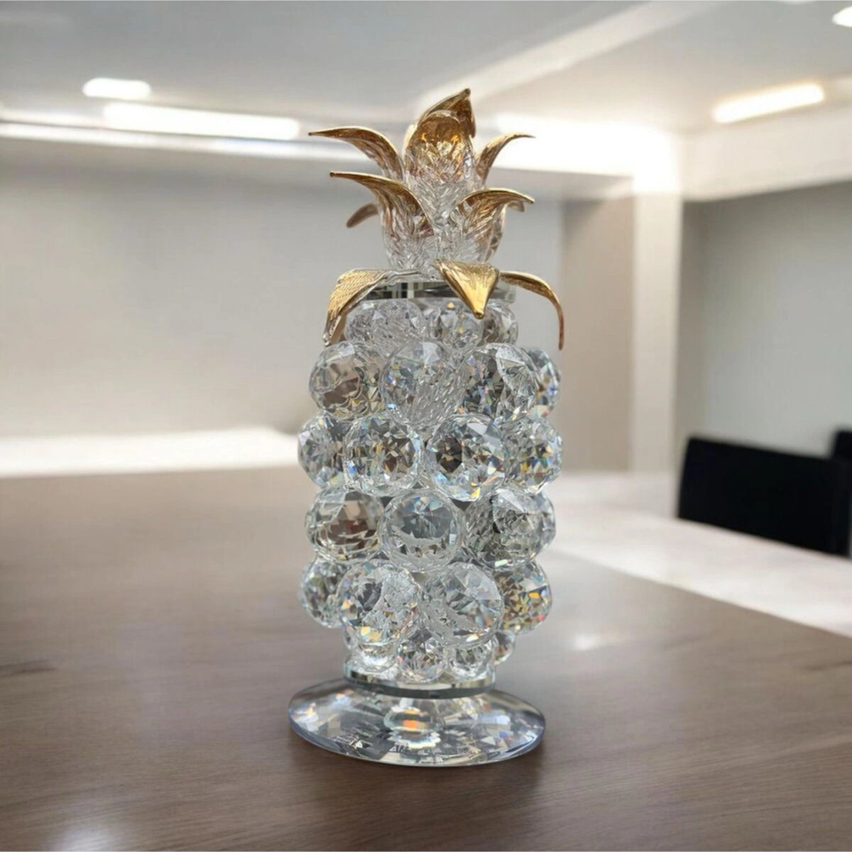 Dekoratif Kristal Cam Tekli Ananas Küçük Boy Şeffaf Gold