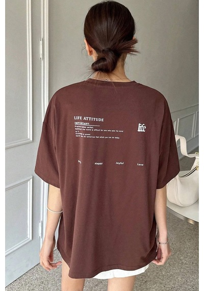 Unisex Life Baskılı T-shirt Kahverengi
