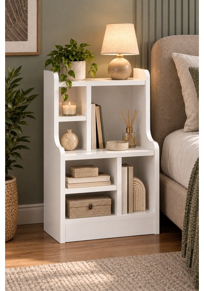 Sulorahome Komodin Raflı Kitaplık Çok Bölmeli Beyaz Yan Sehpa Organizer