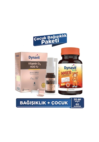 Dynavit Vitamin D3 400 Iu 20 Ml Sprey & Kids Immukid Gummies 60 Çiğnenebilir Gummy - Çocuk Bağışıklık Paketi