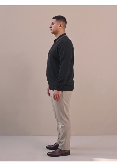 Maccali Erkek Siyah Büyük Beden Gizli Fermuarlı Polo Yaka Triko Sweatshirt