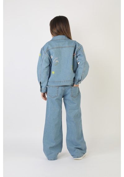 Moonch Papatya Ve Çiçek Nakışlı Kız Çocuk Denim Ceket&pantolon Takım Mavi